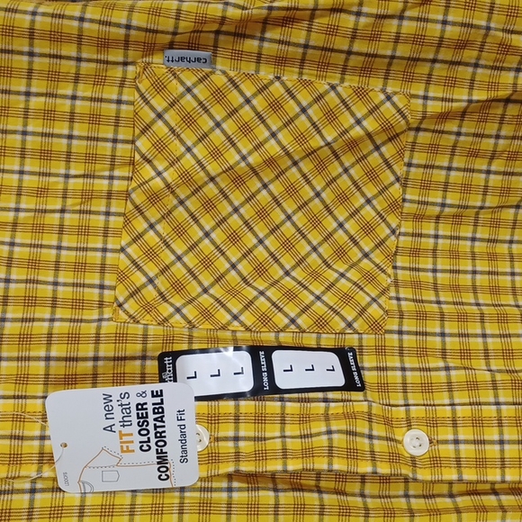 Men's Carhartt Plaid Button up Long Sleeve Size L Yellow White Blue Gray - Picture 3 of 7